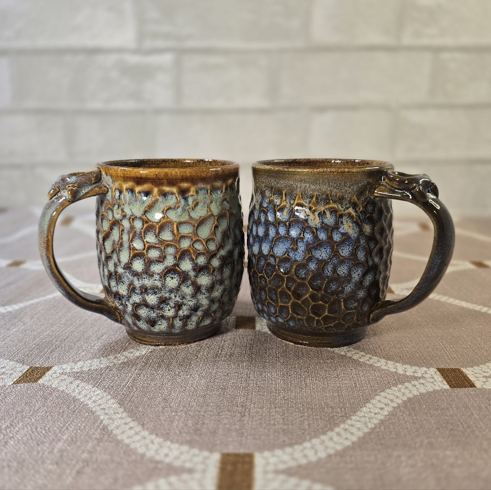 2 Rustic Handmade Textured Coffee Cups Brown Blue Green Glaze 16 oz.
